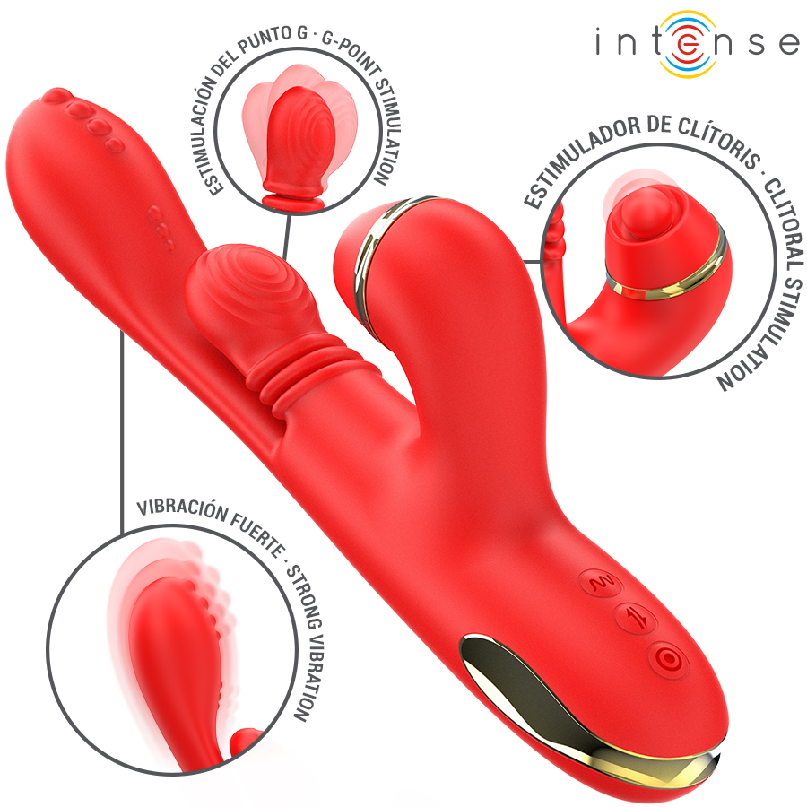 Stimolatore clitorideo INTENSE Katy con 4 testine intercambiabili, design rosso e funzioni multiple, prodotto da INTENSE FUN.