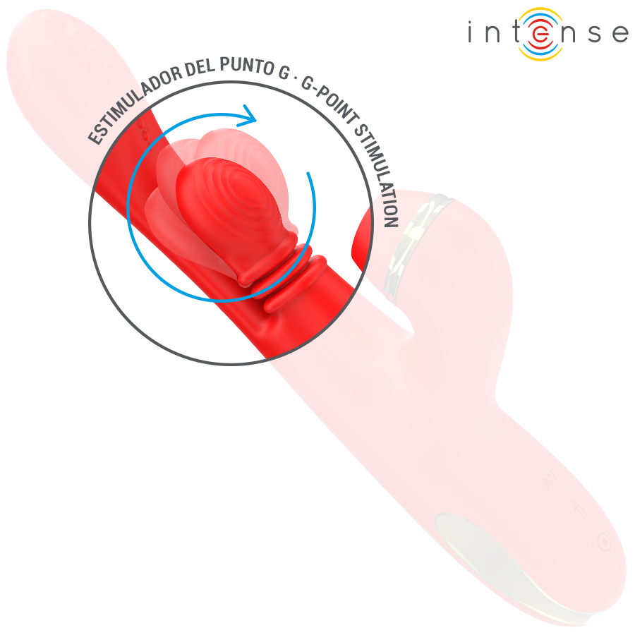 Stimolatore clitorideo multifunzione INTENSE Katy con 4 testine intercambiabili, colore rosso, design ergonomico e compatto.