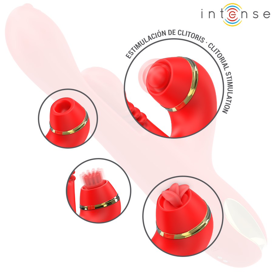 Stimolatore clitorideo multifunzione INTENSE Katy con 4 testine intercambiabili e design rosso, per piacere e stimolazione.
