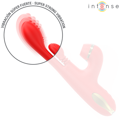 Stimolatore clitorideo multifunzione INTENSE Katy con quattro testine intercambiabili, rosso, ideale per stimolazione intensa.