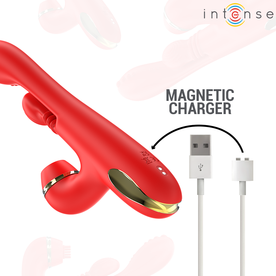 Stimolatore clitorideo multifunzione INTENSE Katy con 4 testine intercambiabili, colore rosso, design ergonomico.
