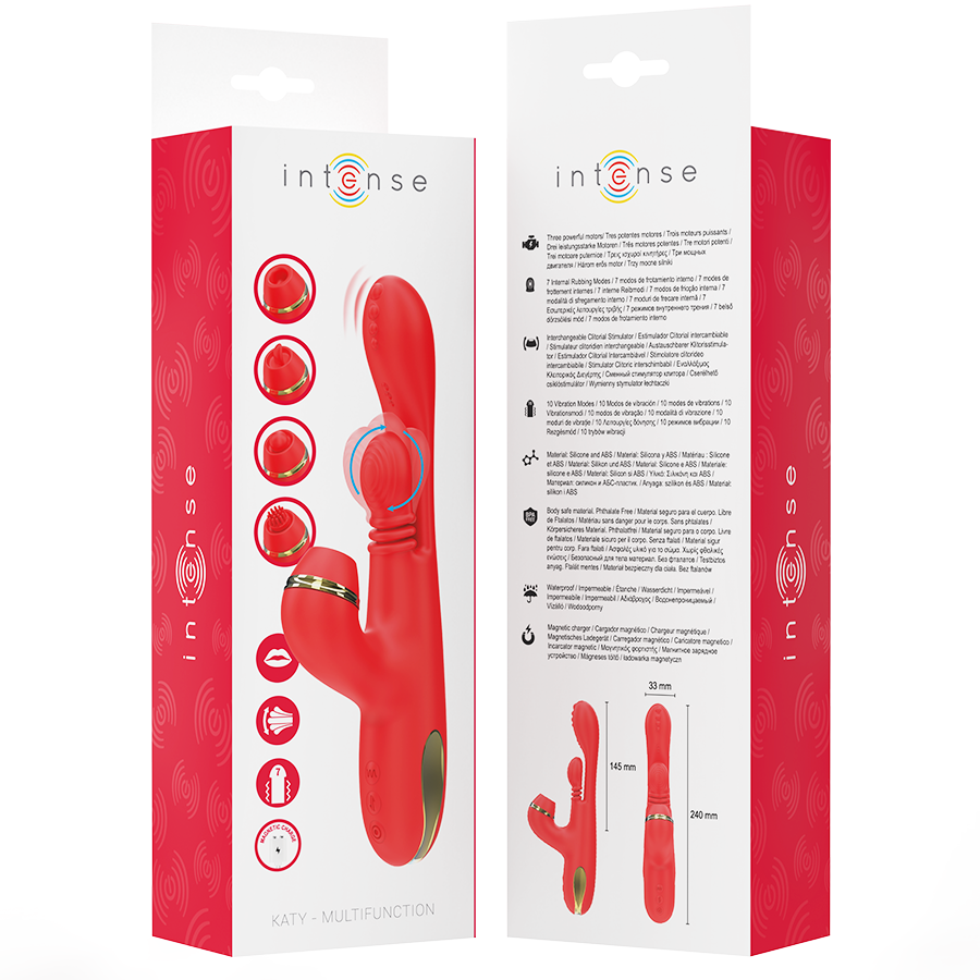 Stimolatore clitorideo multifunzione INTENSE Katy con 4 testine intercambiabili in rosso, design ergonomico e materiali morbidi