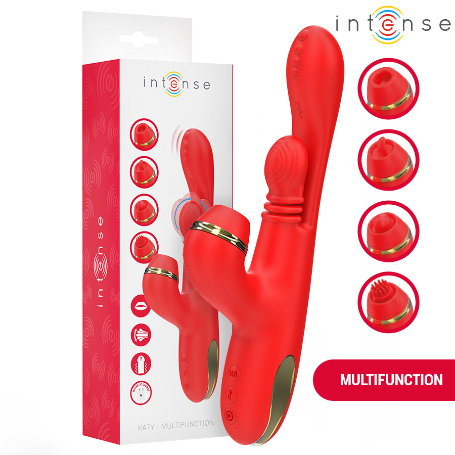 Stimolatore clitorideo INTENSE Katy con 4 testine intercambiabili, design rosso, prodotto multifunzione di INTENSE FUN.