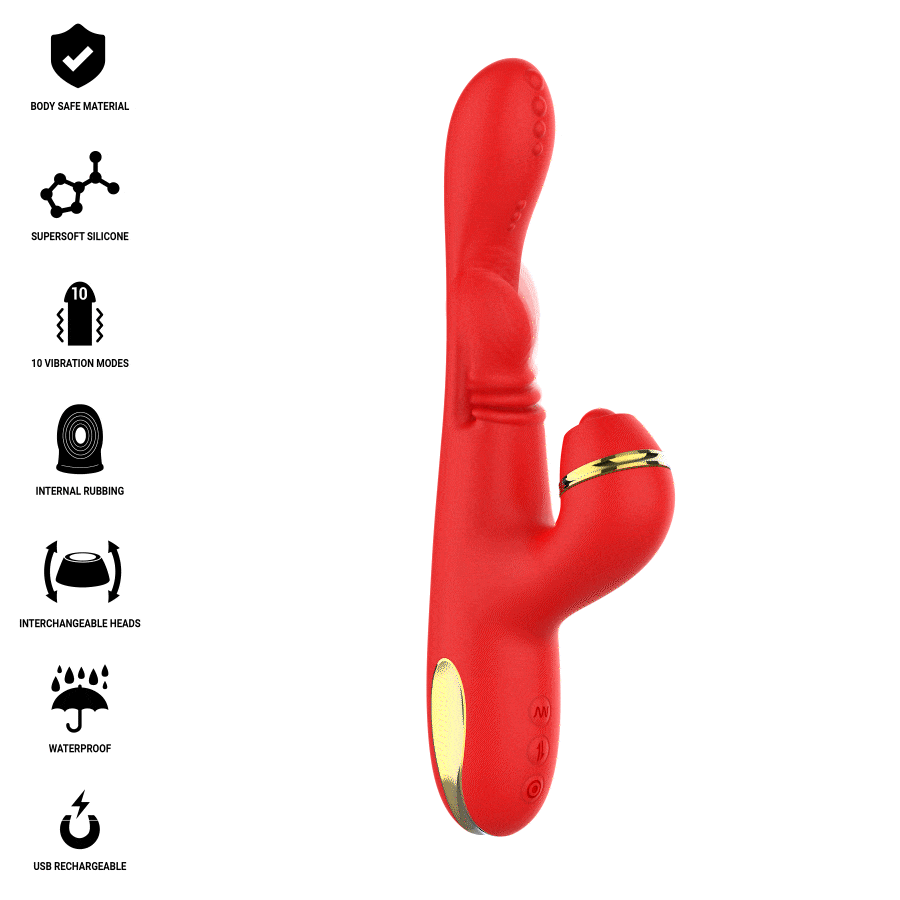 Stimolatore clitorideo multifunzione INTENSE Katy con 4 testine intercambiabili, colore rosso, design ergonomico.