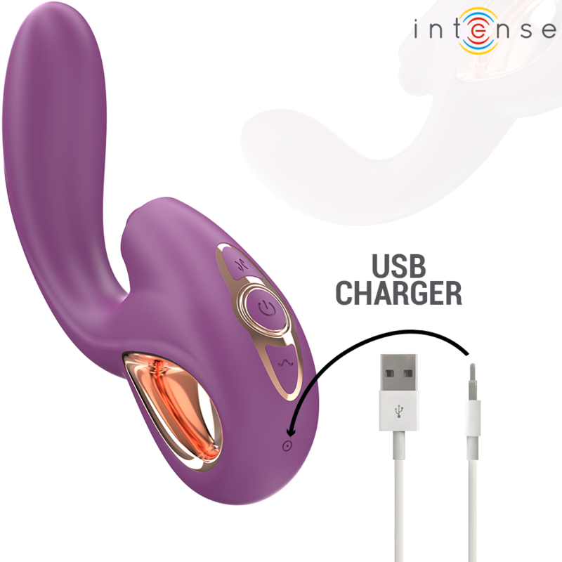 Vibratore multifunzione viola INTENSE LALI di INTENSE FUN con stimolazione G-spot, tapping, thrust e vibrazione, in primo piano.