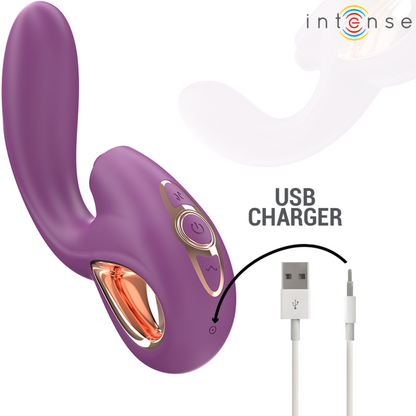Vibratore multifunzione viola INTENSE LALI di INTENSE FUN con stimolazione G-spot, tapping, thrust e vibrazione, in primo piano.