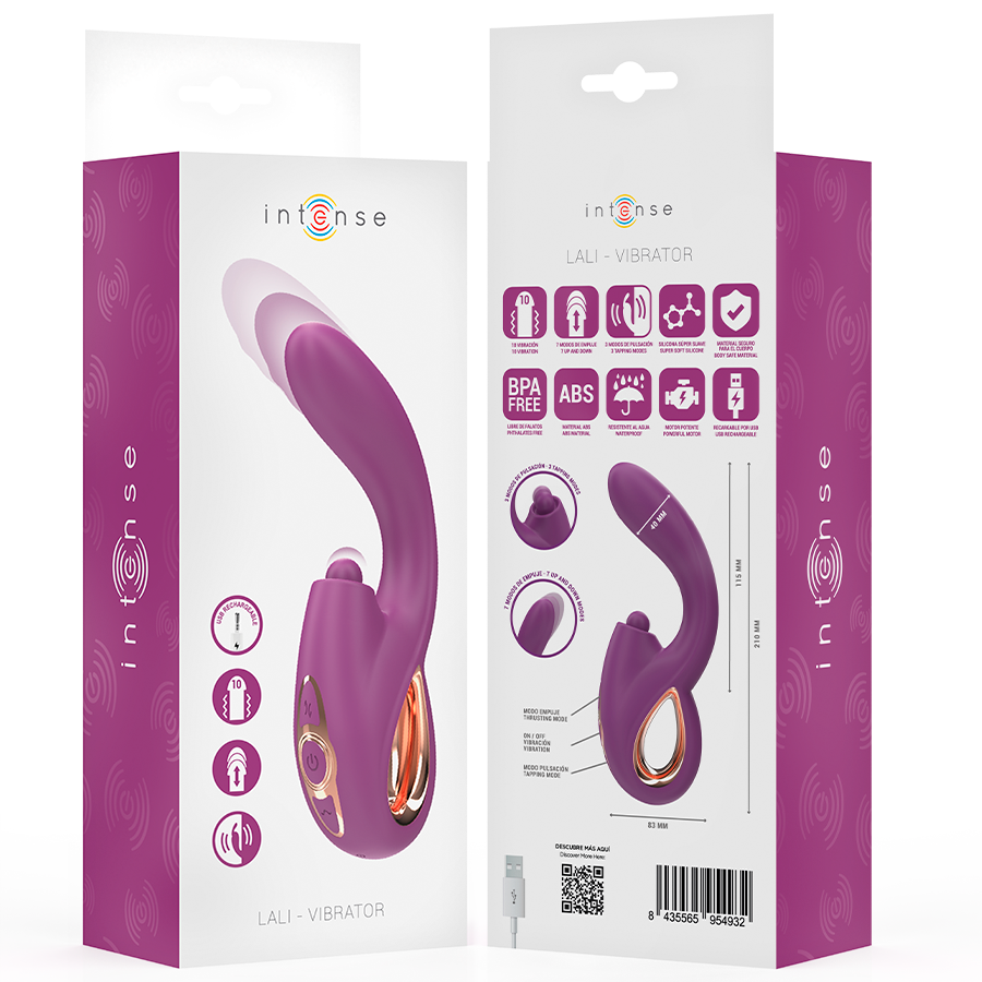Vibratore multifunzione viola INTENSE LALI di INTENSE FUN con modalità di tapping, thrust e vibrazione, design ergonomico.