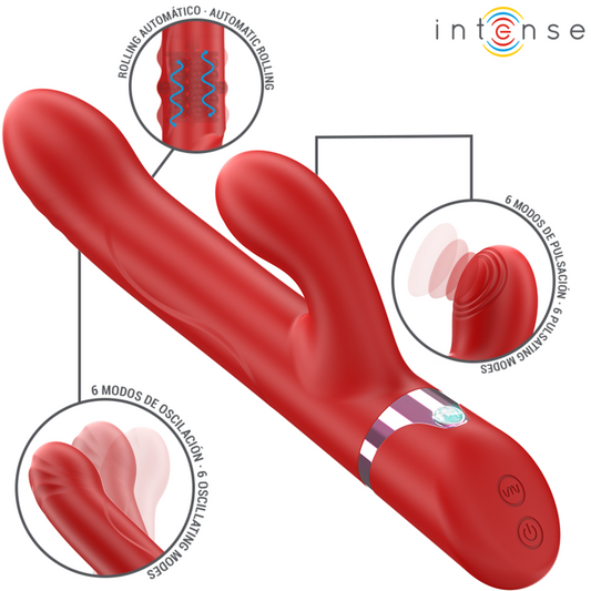 Vibratore multifunzione INTENSE Lele, rotante, oscillante e stimolante, colore rosso, design ergonomico e dettagli funzionali.