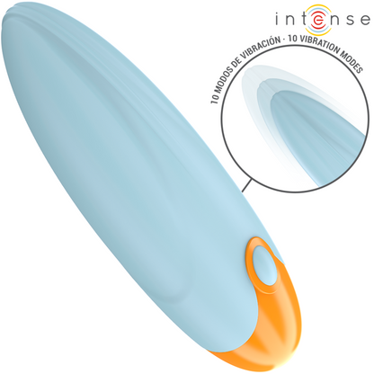 Bullet vibrante INTENSE Mike blu con 10 modalità di vibrazione, fatto da INTENSE FUN, visibile con dettagli blu e design compatto.