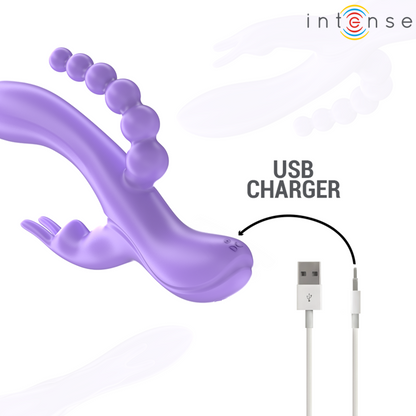 Vibratore triplo INTENSE MIKO con coniglio, stimolatore anale e 7 funzioni di vibrazione, colore viola, dettaglio del prodotto.