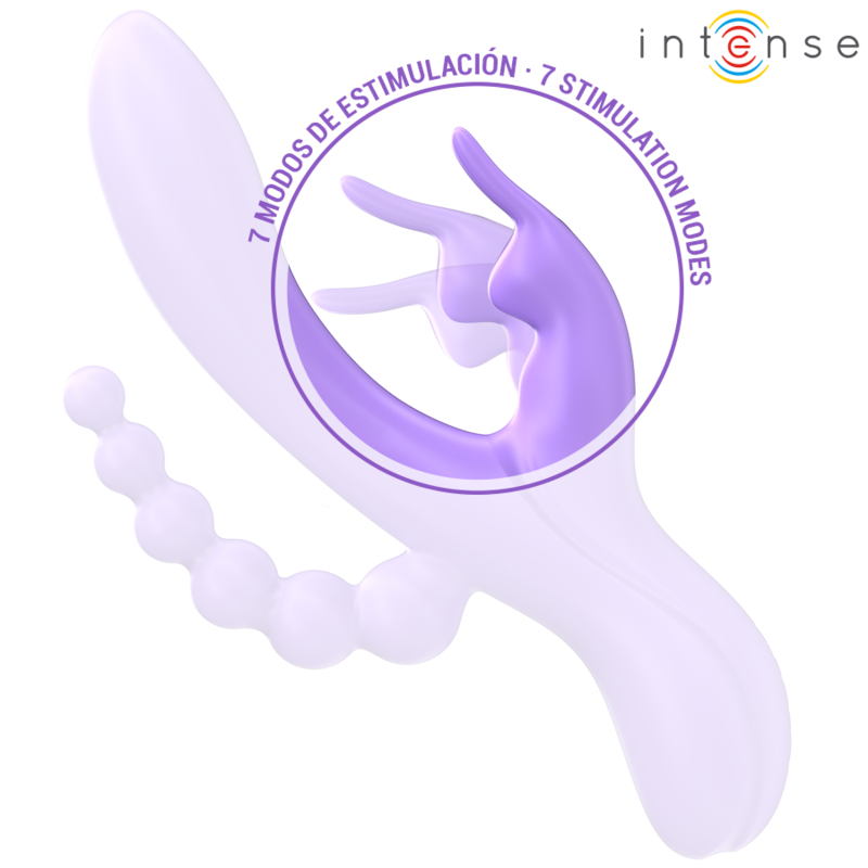 Vibratore triplo INTENSE MIKO con coniglio, stimolatore anale e 7 modalità di vibrazione, colore viola, marca INTENSE FUN