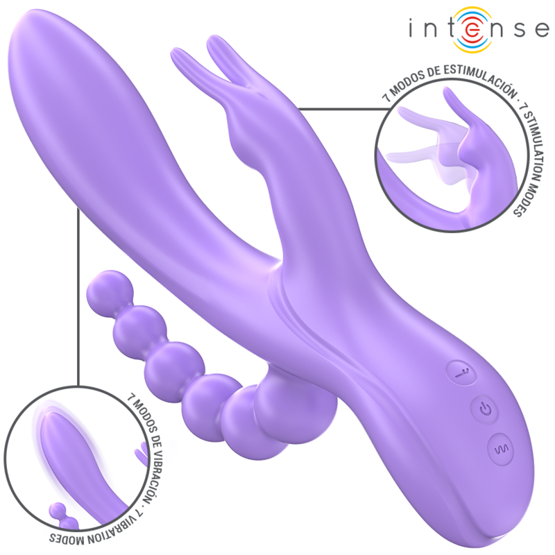 Vibratore triplo INTENSE MIKO con coniglio, stimolatore anale e 7 vibrazioni, colore viola, per piacere e stimolazione.