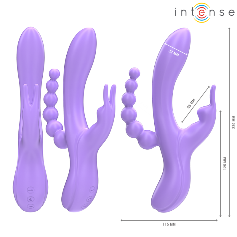 Vibratore triplo INTENSE MIKO con coniglio, stimolatore anale e 7 vibrazioni, colore viola, design ergonomico e versatile