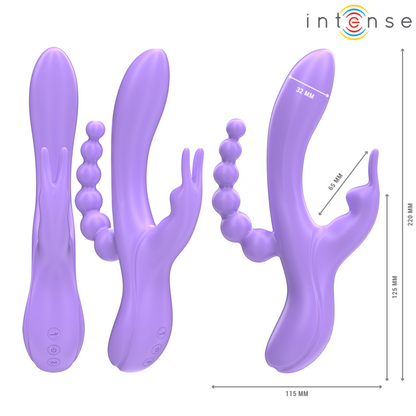 Vibratore triplo INTENSE MIKO con coniglio, stimolatore anale e 7 vibrazioni, colore viola, design ergonomico e versatile