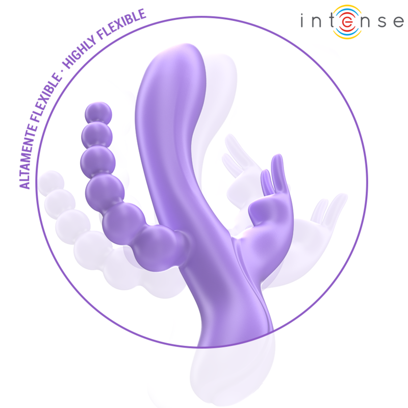 Vibratore triple INTENSE MIKO con coniglio, stimolatore anale e 7 vibrazioni, colore viola, dispositivo erotico per il piacere.