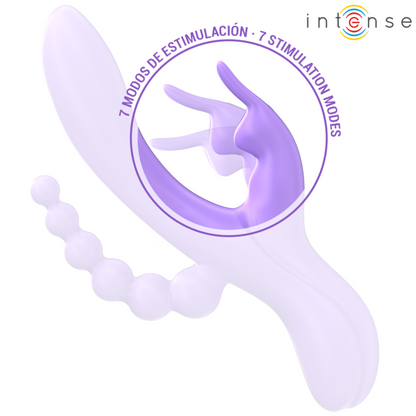 Vibratore coniglio viola INTENSE MIKO con stimolatore anale, 7 modalità di vibrazione, design ergonomico e stimolante.