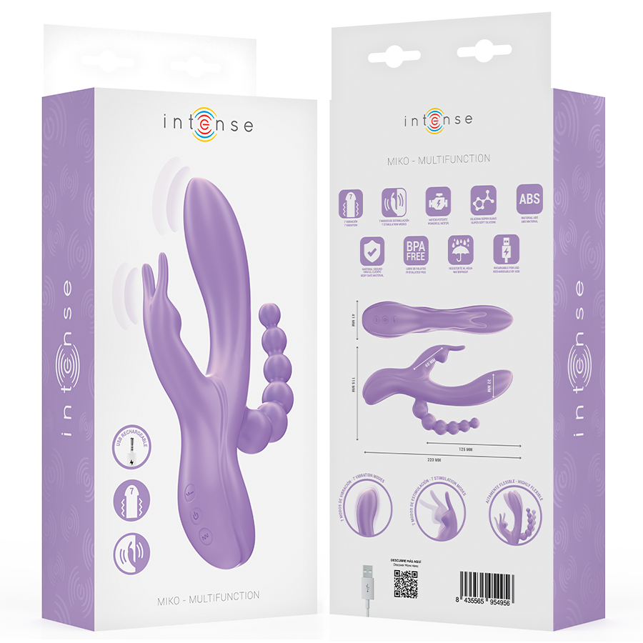 Vibratore triplo INTENSE MIKO con coniglio stimolatore anale, 7 vibrazioni, colore viola, per piacere e stimolazione.
