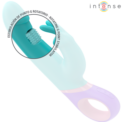 Vibratore rabbit INTENSE Monica con stimolatore G-spot rotante in colore blu, design elegante e funzionalità avanzate.