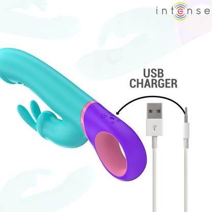 Vibratore rabbit INTENSE Monica con stimolatore G-Spot rotante blu, morbido e dettagliato, per piacere e stimolazione.