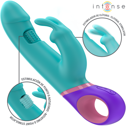 Vibratore rabbit INTENSE Monica con stimolatore G-spot rotante e design blu, per piacere e stimolazione intensa.