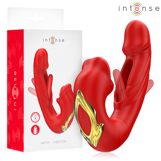 Vibratore doppio INTENSE NATHY con bocca stimolante, multifunzione, colore rosso, design ergonomico e dettagli realistici.