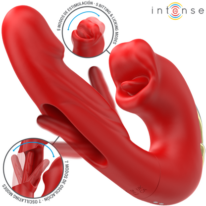 Vibratore doppio INTENSE NATHY con bocca stimolante rosso, design multifunzione, perfetto per il piacere intimo femminile.