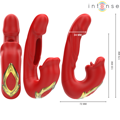Vibratore doppio INTENSE NATHY con bocca stimolante, multifunzione, colore rosso, design ergonomico e dettagli realistici.