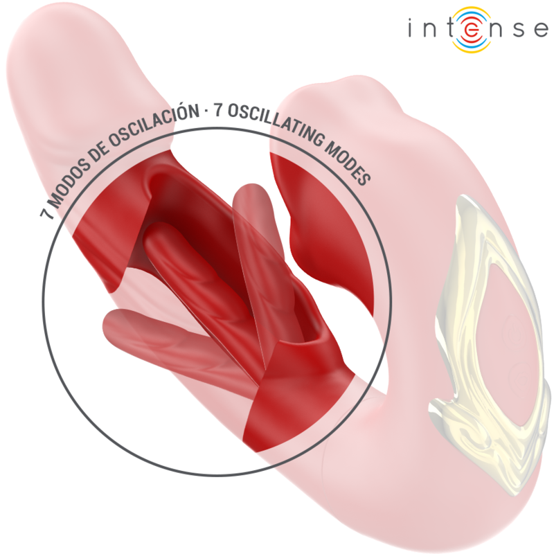 Vibratore doppio INTENSE NATHY con bocca stimolante, funzioni multiple, colore rosso, design ergonomico e dettagli realistici.