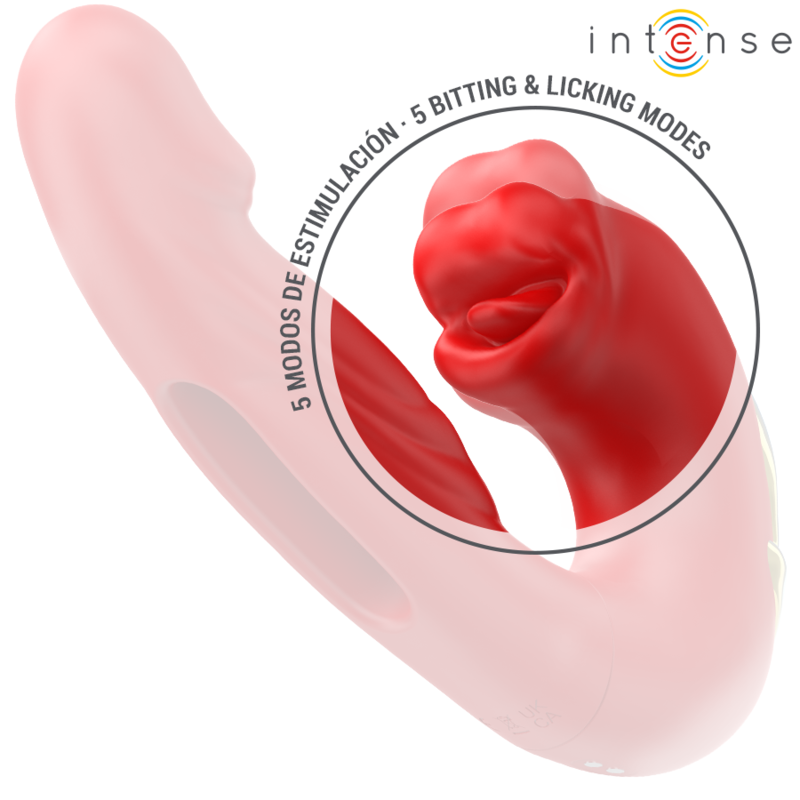 Vibratore doppio INTENSE NATHY con bocca stimolante, multifunzione, colore rosso, design elegante e dettagli realistici.