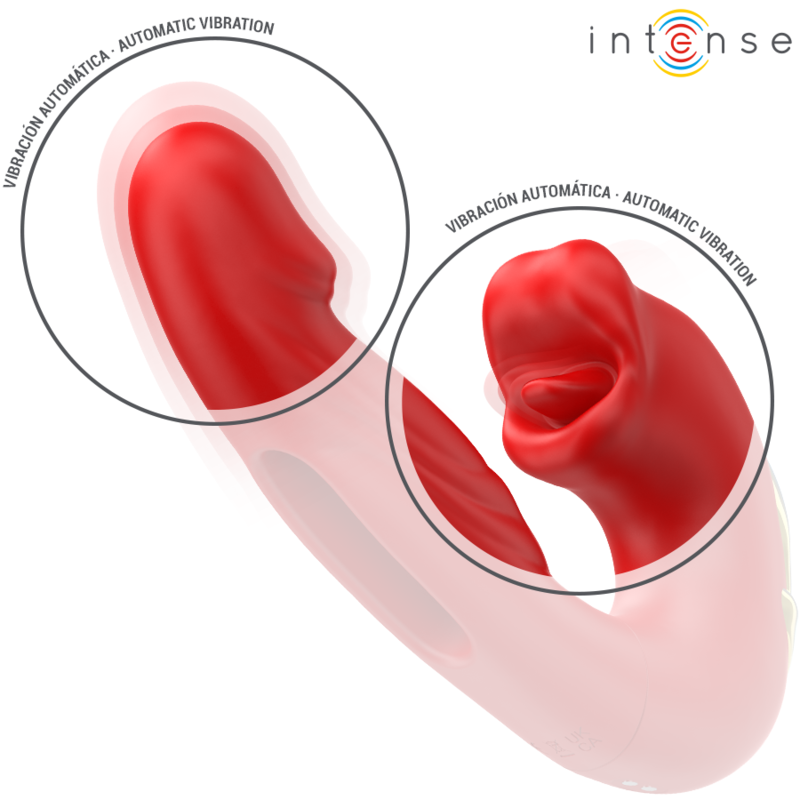 Vibratore doppio INTENSE NATHY con bocca stimolante, multifunzione, colore rosso, design ergonomico e dettagli realistici.