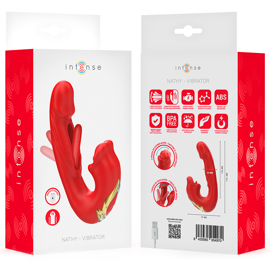 Vibratore doppio INTENSE NATHY con bocca stimolante rosso, dispositivo multifunzione per piacere e piaceri sensuali.