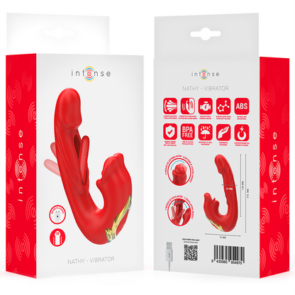 Vibratore doppio INTENSE NATHY con bocca stimolante rosso, dispositivo multifunzione per piacere e piaceri sensuali.