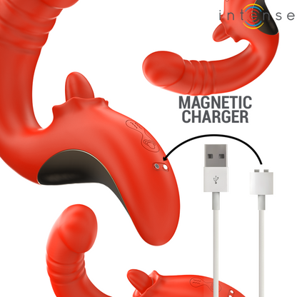 Vibratore e stimolatore a forma di U rosso di INTENSE FUN, design ergonomico e dettagli eleganti.