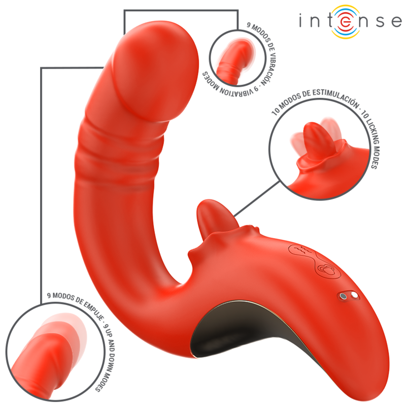 Vibratore e stimolatore a forma di U rosso di INTENSE FUN, design ergonomico e colore vibrante, ideale per piacere e stimolazione.
