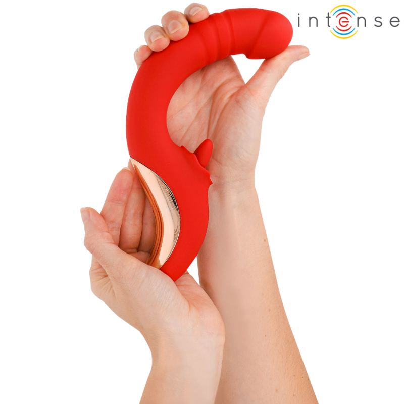 Vibratore e stimolatore a forma di U di colore rosso, marca INTENSE FUN, design ergonomico e dettagli eleganti.
