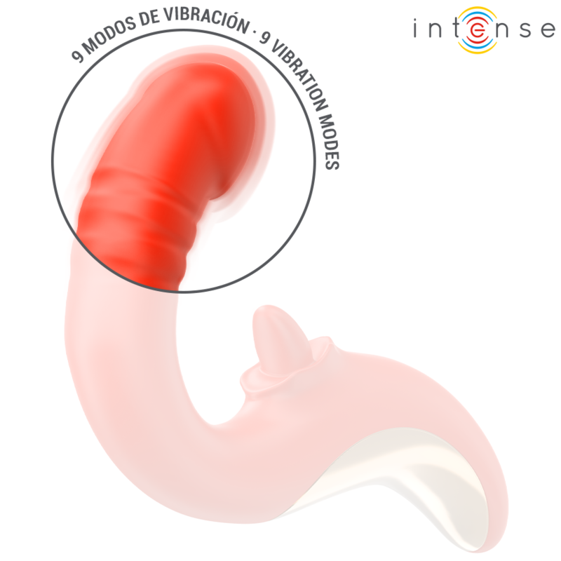 Vibratore e stimolatore a forma di U rosso INTENSE FUN, design ergonomico e dettagli realistici.