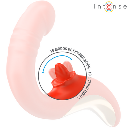 Vibratore e stimolatore a forma di U rosso di INTENSE FUN, design ergonomico e dettagliato, ideale per piacere e stimolazione.