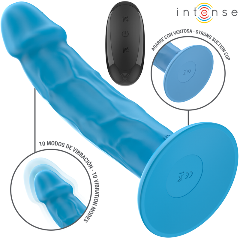 Vibratore realistico INTENSE Phoebe blu con 10 vibrazioni e telecomando, prodotto della linea INTENSE FUN.