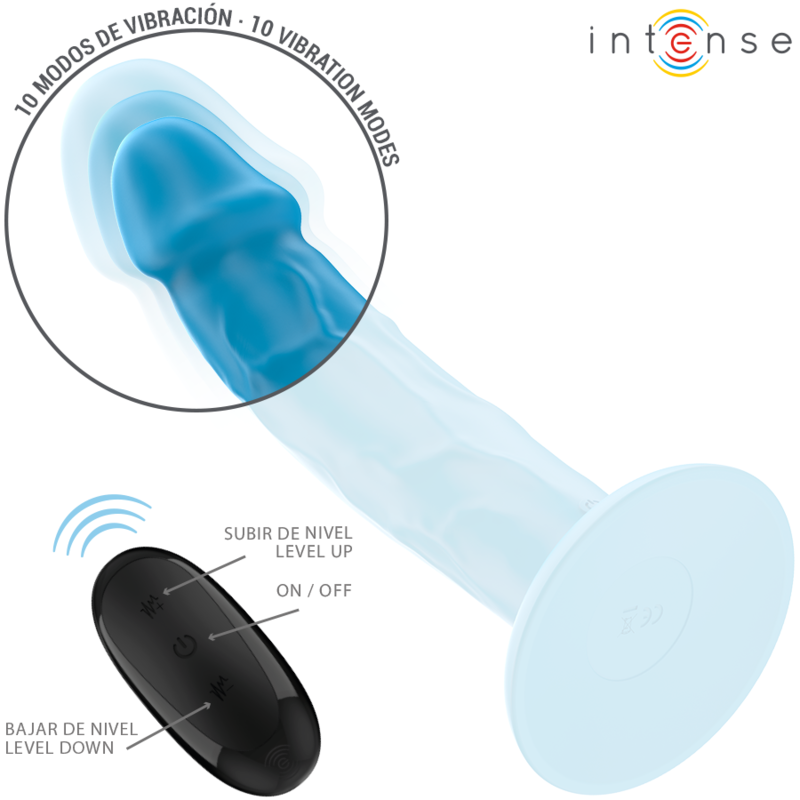 Vibratore realistico INTENSE Phoebe con telecomando blu e 10 modalità di vibrazione, marca INTENSE FUN.