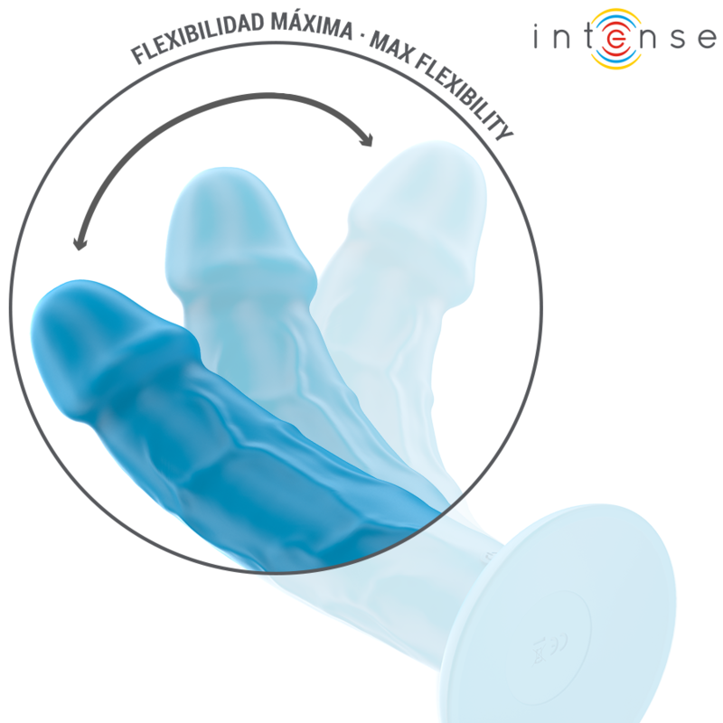 Vibratore realistico INTENSE PHOEBE con 10 vibrazioni e telecomando blu, prodotto da INTENSE FUN, dettaglio del design e pulsanti.