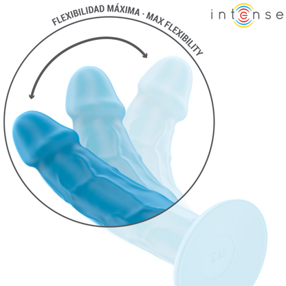 Vibratore realistico INTENSE PHOEBE con 10 vibrazioni e telecomando blu, prodotto da INTENSE FUN, dettaglio del design e pulsanti.