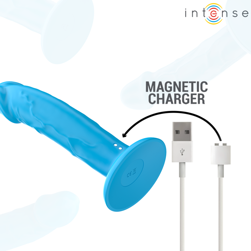 Vibratore realistico INTENSE Phoebe con telecomando blu, 10 modalità di vibrazione, design dettagliato e colori vivaci.