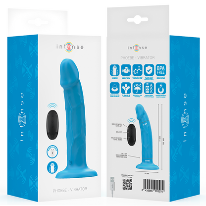 Vibratore realistico blu INTENSE PHOEBE con telecomando, 10 modalità di vibrazione, design dettagliato e accessori inclusi.