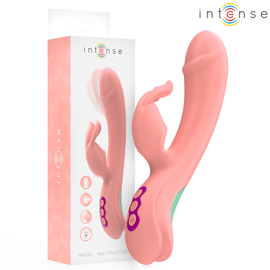 Vibratore a coniglio rosa INTENSE Rachel con 5 modalità di vibrazione, design ergonomico e dettagli realistici.