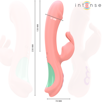 Vibratore a forma di coniglio rosa INTENSE RACHEL con cinque modalità di vibrazione, design ergonomico e dettagli in rosa.