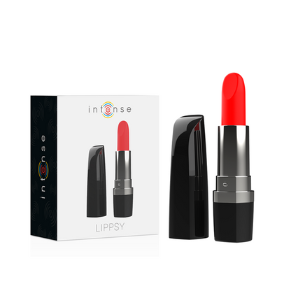 Rossetto vibrante Lippsy di INTENSE FUN, colore intenso e lucido, mostra la confezione con il logo e la tonalità vivace del prodotto.