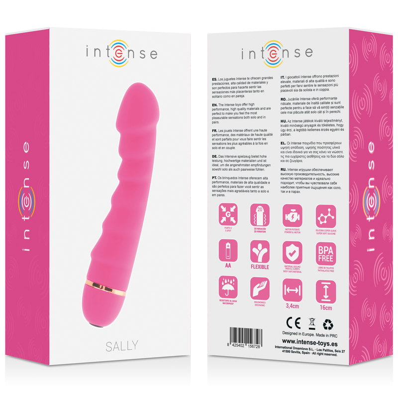 Silicone rosa INTENSE FUN Sally 20 Velocit, oggetto di forma cilindrica con superficie liscia e dettagli di design.