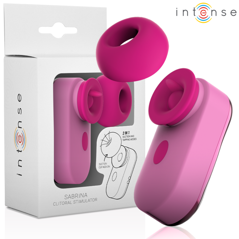 Stimolatore clitoride Sabrina rosa di INTENSE FUN, dispositivo vibrante per il piacere femminile, con design compatto e ergonomico.