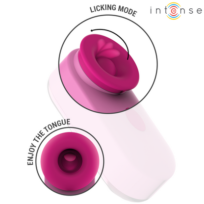 Stimolatore clitoride Sabrina rosa di INTENSE FUN, dispositivo vibrante per il piacere femminile, visibile in primo piano.