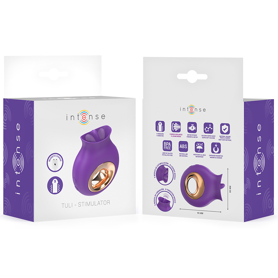 Stimolatore clitorideo INTENSE Tuli con 9 vibrazioni e 9 oscillazioni, colore viola, design ergonomico e funzionale.